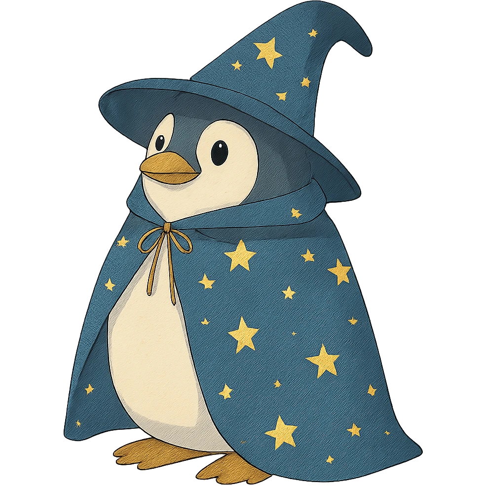 penguin wizard with a starry cloak and pointed hat emoji