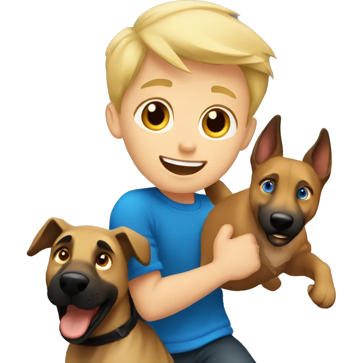 blond boy with blue eyes running with his malinois dog emoji