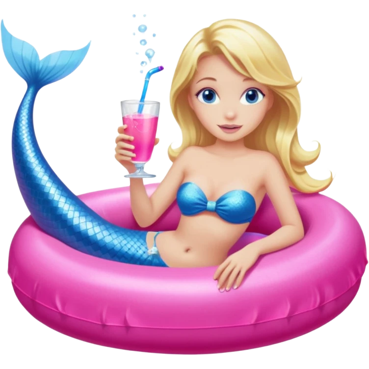 woman with blonde hair and blue eyes sitting in a pink pool tube in a blue pool sipping a drink wearing a pink bikini top and a pink mermaid tail  emoji