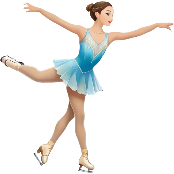 An colorful icon featuring a graceful figure skater performing a spin on the ice. The background includes a grand ice rink palace with shining spotlights and cheering spectators in the stands. Transparent background highlights the elegance and artistry of figure skating emoji