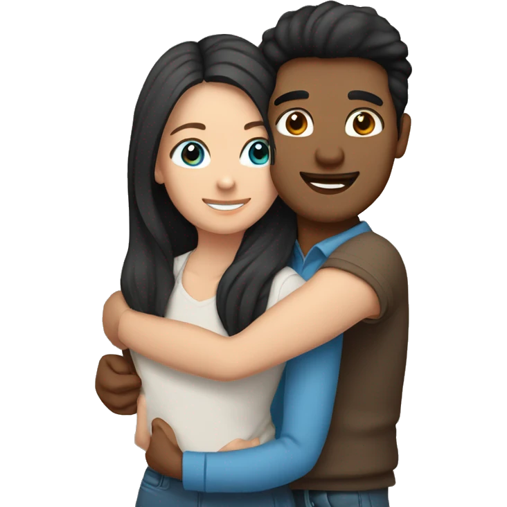 Friends hugging each other. Indian man with black hair. White woman, blue eyes and long light brown hair emoji