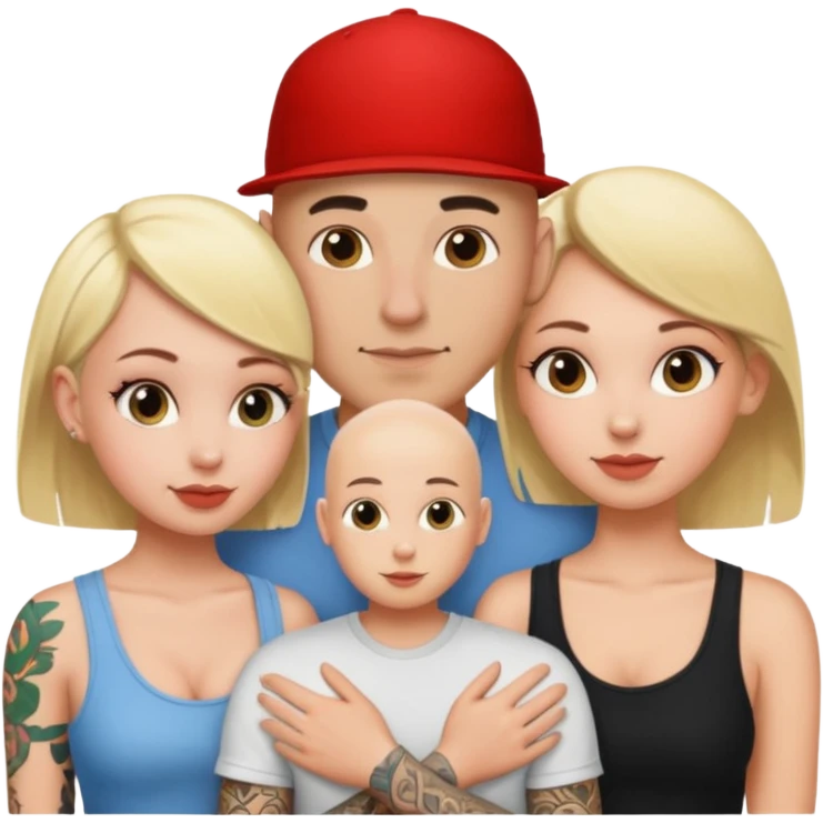 throuple tatted bald boyfriend with blonde girl friend and brunette girlfriend emoji