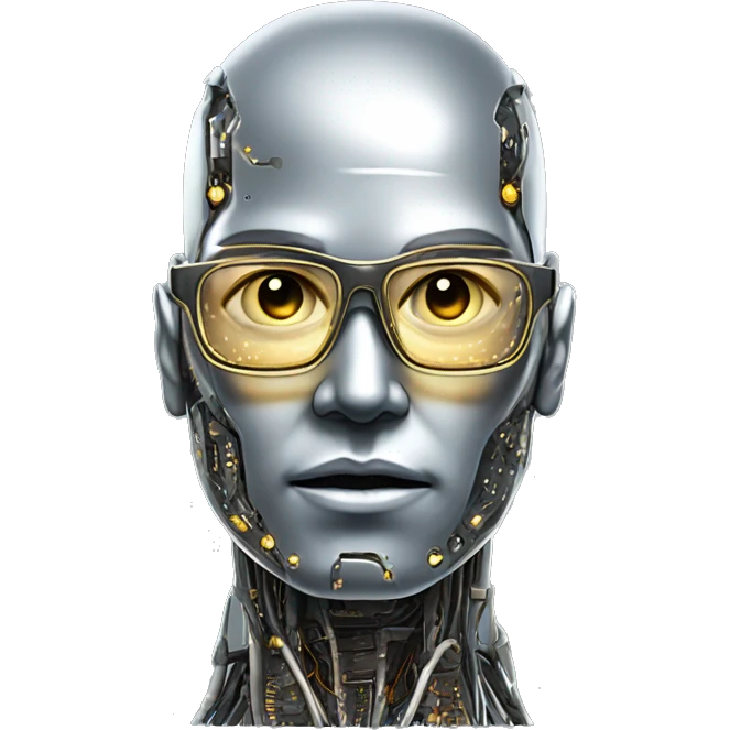 Male cyborg head with metallic skin, flat top, rectangular glasses and circuits emoji