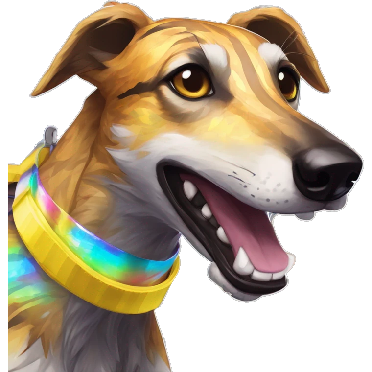  brindle brown black maroon striped lurcher Alsatian fox running blue eyes and iridescent holographic oilslick harness wearing paper iridescent tropical flower crown yellow caution tape emoji