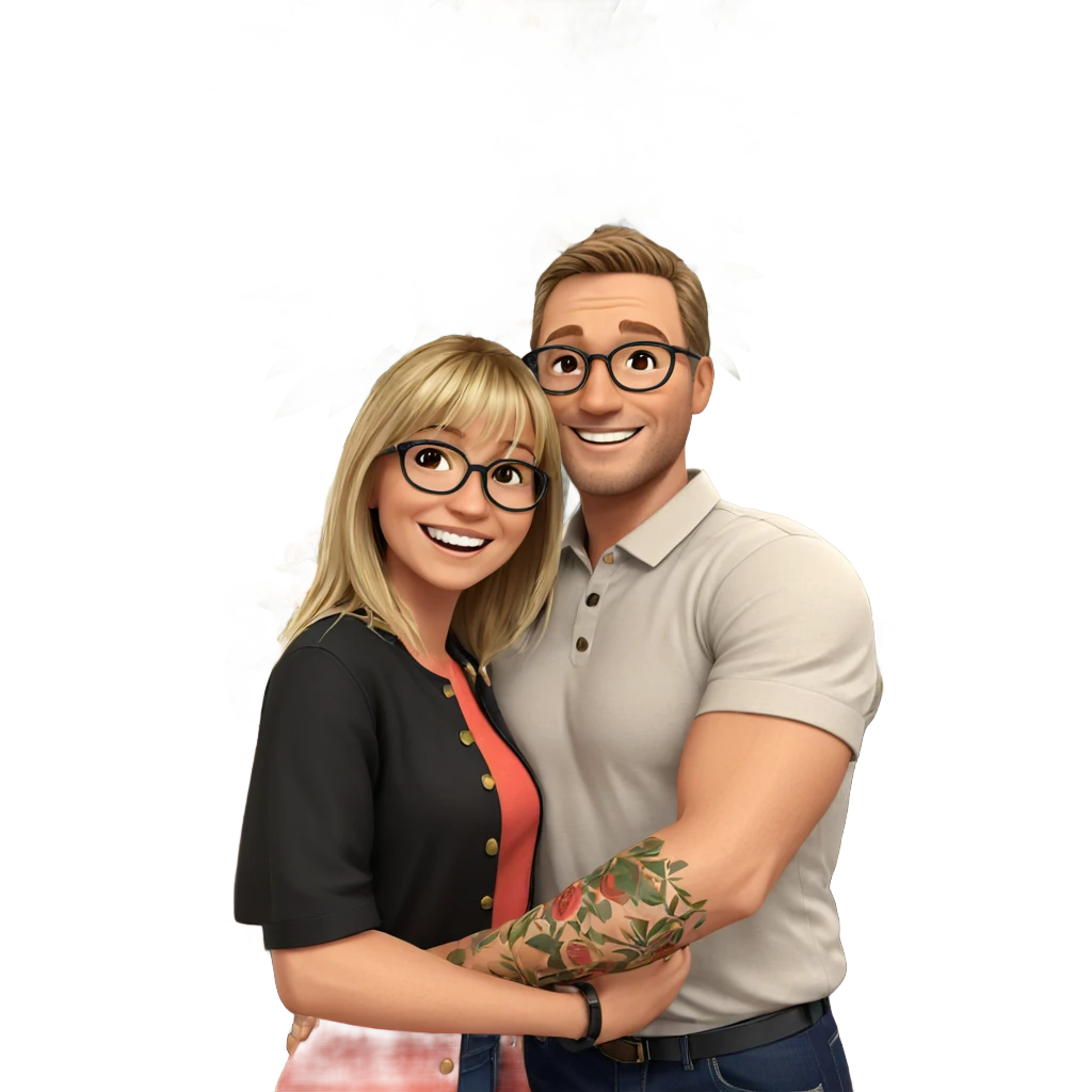 happy couple indoors with flowers emoji