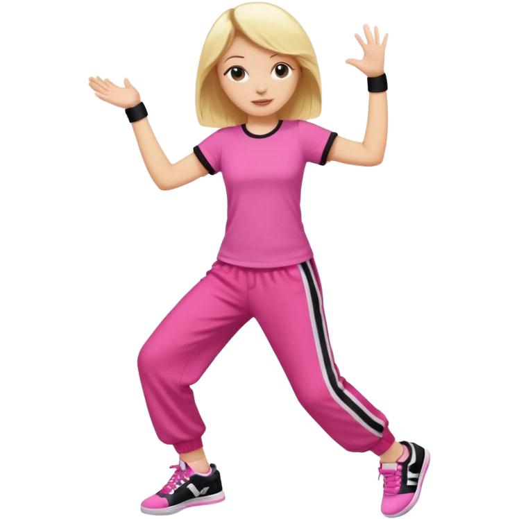 Hiphop dancer, with cute big pants, sneakers, and t-shirt. White girl blond. Coloufull shirt. No pocket pants. Dancing. No orange. Pink and black emoji