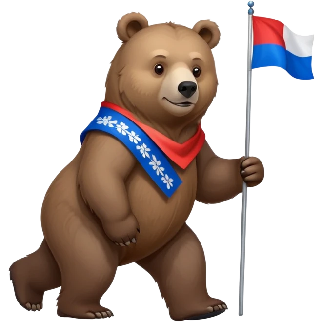 Light brown grizzly bear walking on four paws with small Russian flag (white, blue, red) on its back, realistic features emoji