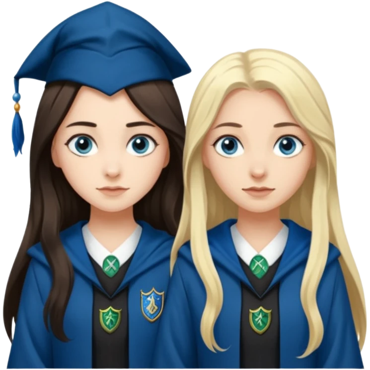 a pretty ravenclaw girl with long dark brown hair and blue eyes standing with a pretty Slytherin girl with long blonde hair, blue eyes emoji