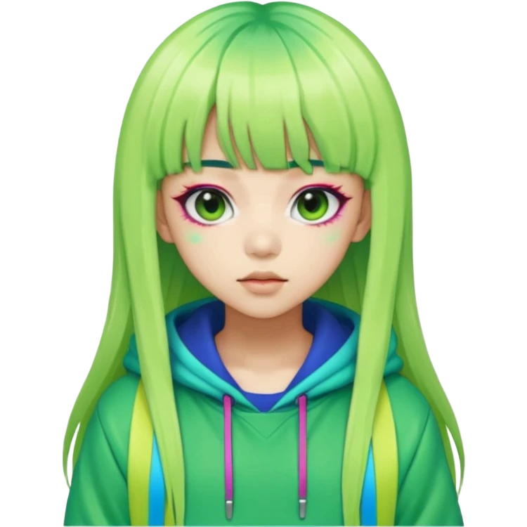  portrait-of-a-green-skin-alien-k-pop-idol,-wearing-a-stylish-streetwear-outfit-with-layered-colorful-clothing,-long-hair-with-bangs,-makeup,- emoji