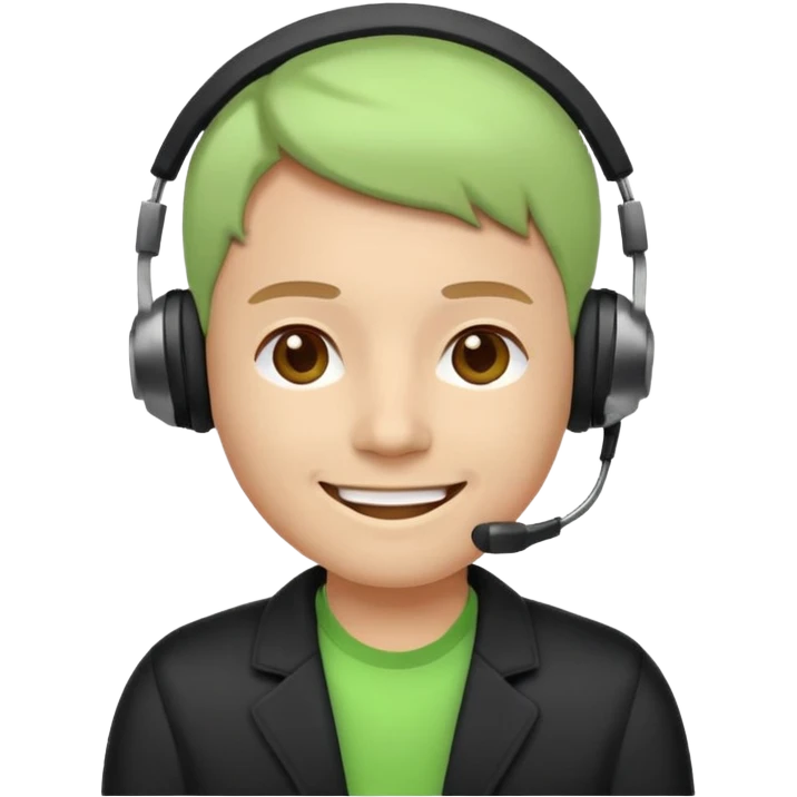 A modern flat emoji depicting a call center employee wearing a light green T-shirt and black jacket, with a headset, a friendly expression, a minimalist design, bright colors, and a white or transparent background. emoji