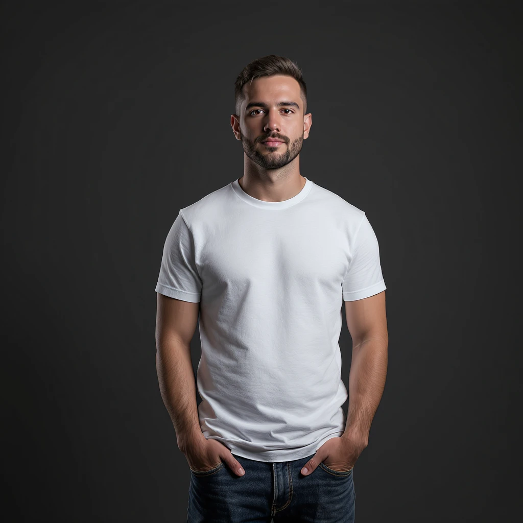 Man 25 years old wearing blue jeans and white t-shirt emoji