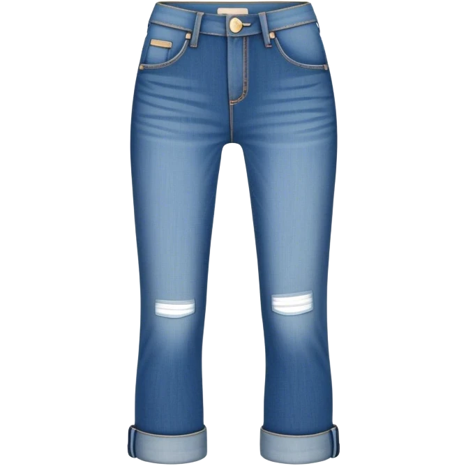 A medium-length blue denim jeans emoji, styled like rolled-up capri jeans. The jeans are not too long or short — ending just below the knee. They feature a button and zipper closure, visible stitching, side and back pockets, and a slightly faded, casual look. Perfect for a trendy, relaxed vibe emoji