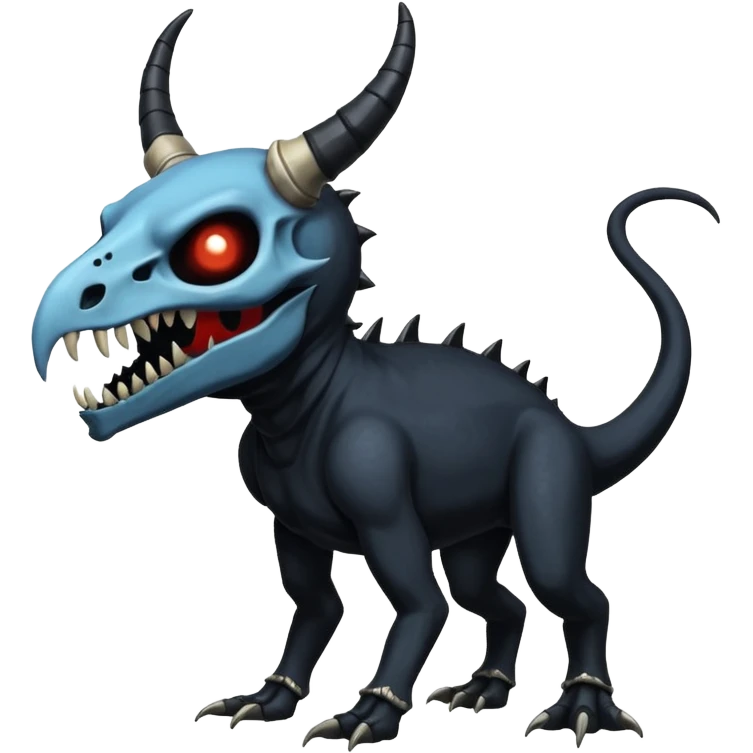 Shiny Dark Edgy  Duskull-Salandit-Inteleon-Amaura-Fakémon-hybrid-creature (full body) with a horned animal-skull-mask emoji