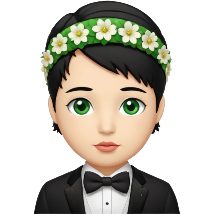black haired green eyes very plump lips and floral headband that makes his hair look behind nicole peltz at wedding emoji