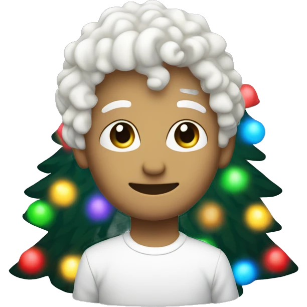 Small white curly hair dig under a rainbow colored light Christmas tree  emoji
