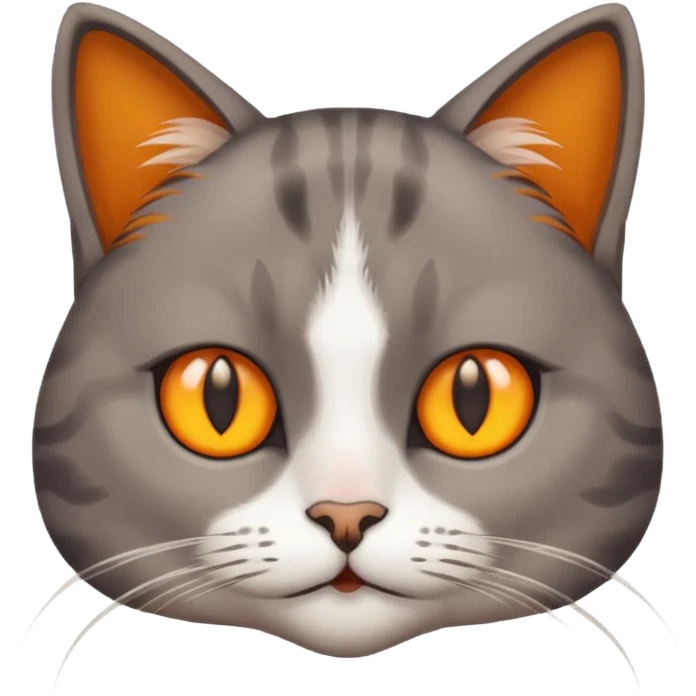 A Cat her race is persante he hair is grew and brown with they eyes orange and Yellow and emoji