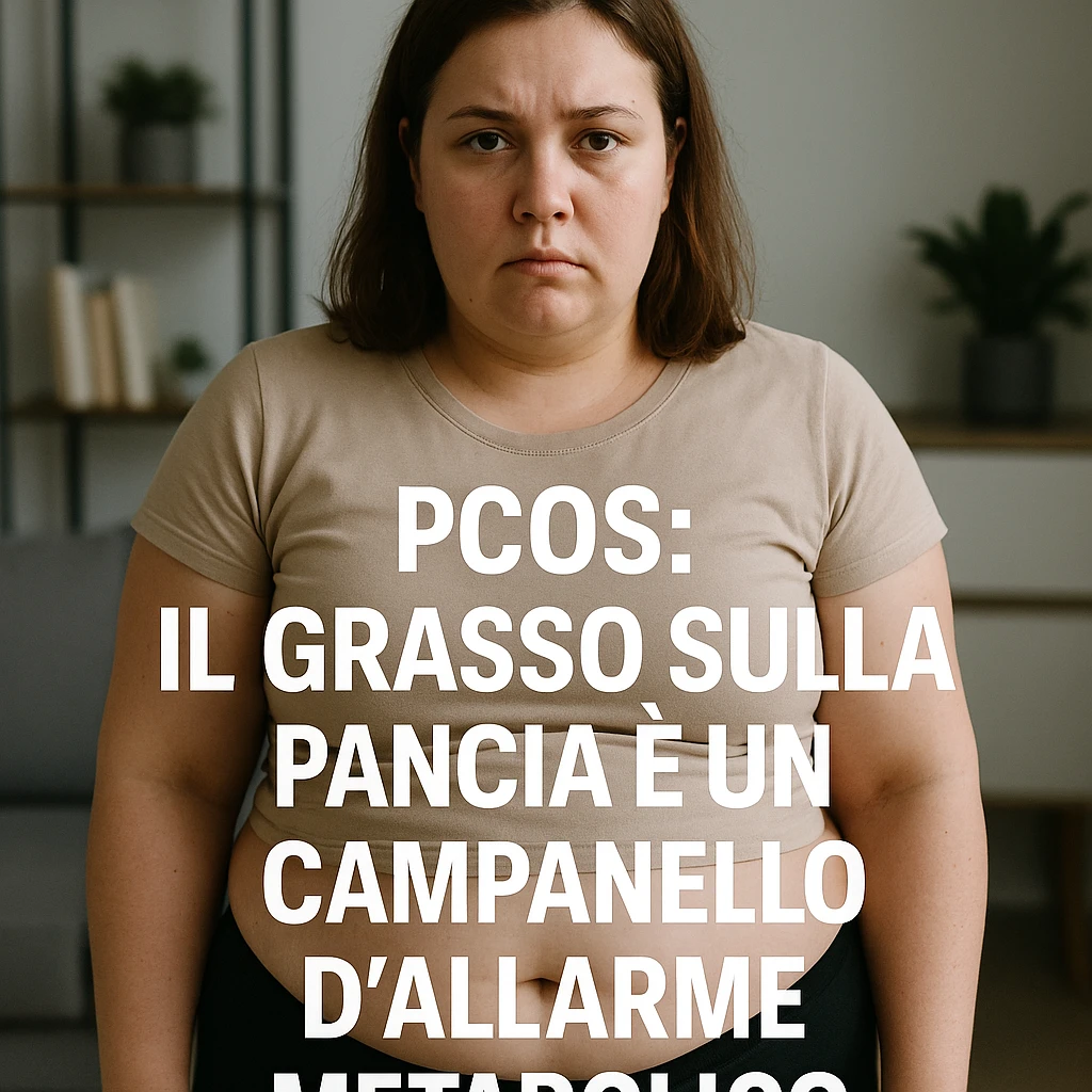 realistic scene: woman with PCOS, abdominal fat accumulation, serious expression, modern environment, Italian text: 'PCOS: il grasso sulla pancia è un campanello d’allarme metabolico', 4K quality emoji
