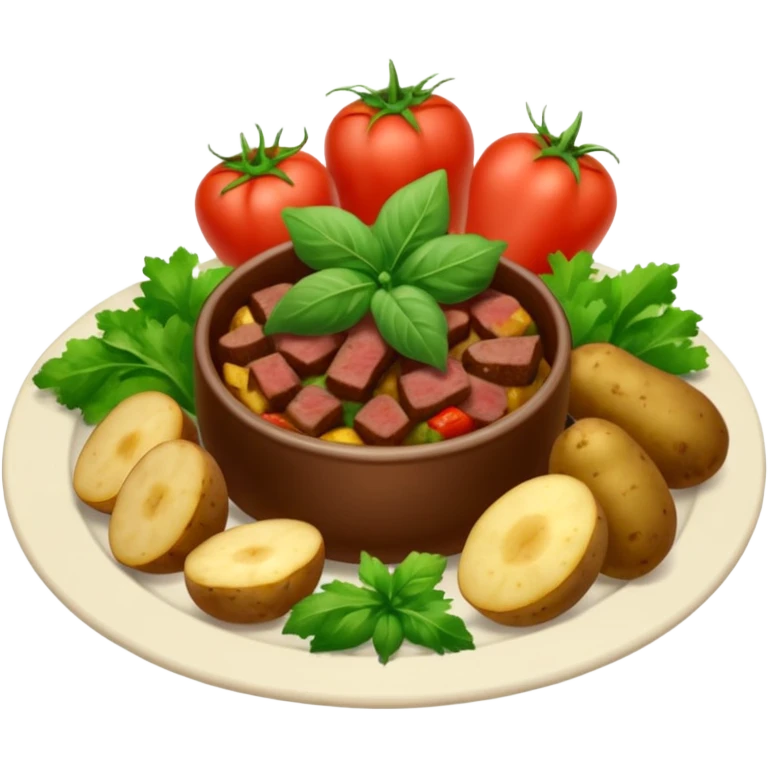 prato de jantar de buffet com pedaços de bife, batatas inglesas cortadas e vegetais verdes (como brocolis e tomates pequenos) emoji