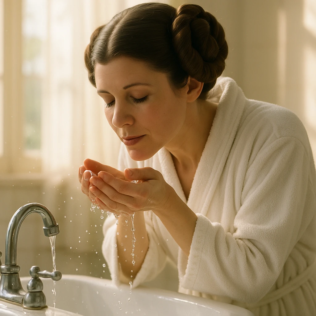 Princess Leia from Star Wars washing her face, wearing a robe, fresh and bright morning atmosphere emoji