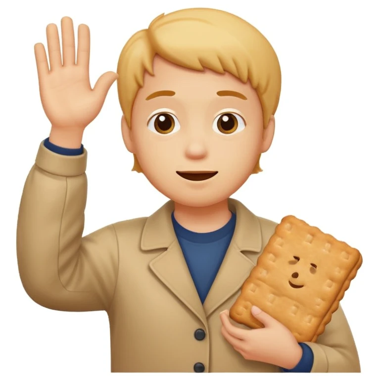 Create an Apple emoji style character inspired by the reference images. The character should have a slouching posture, chin sticking out, grimacing expression, full body, 3/4 angle, and be waving a biscuit. No text included. emoji