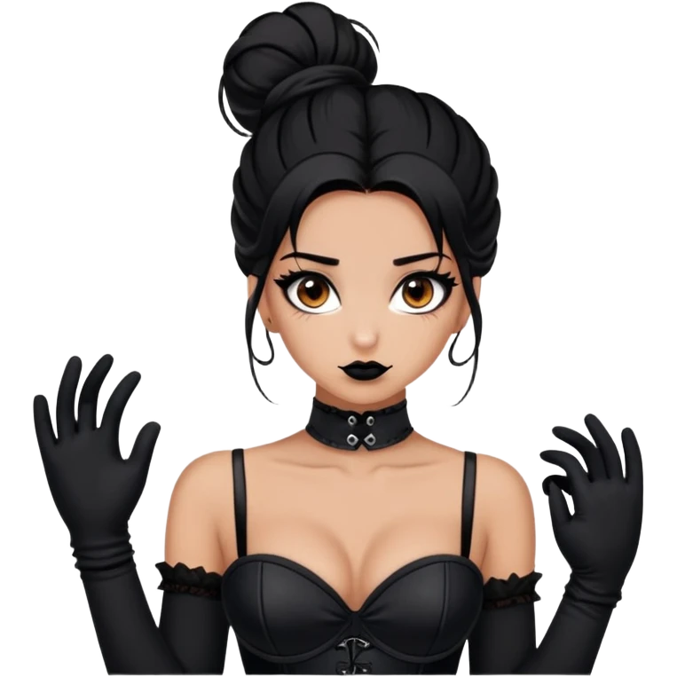 Sloppy and messy somewhat tan 26-year-old girl with brown eyes, sloppy black eye makeup, long, black greasy hair with a half, a half done bun, a black choker, a black bra, black corset, and long black arm gloves emoji