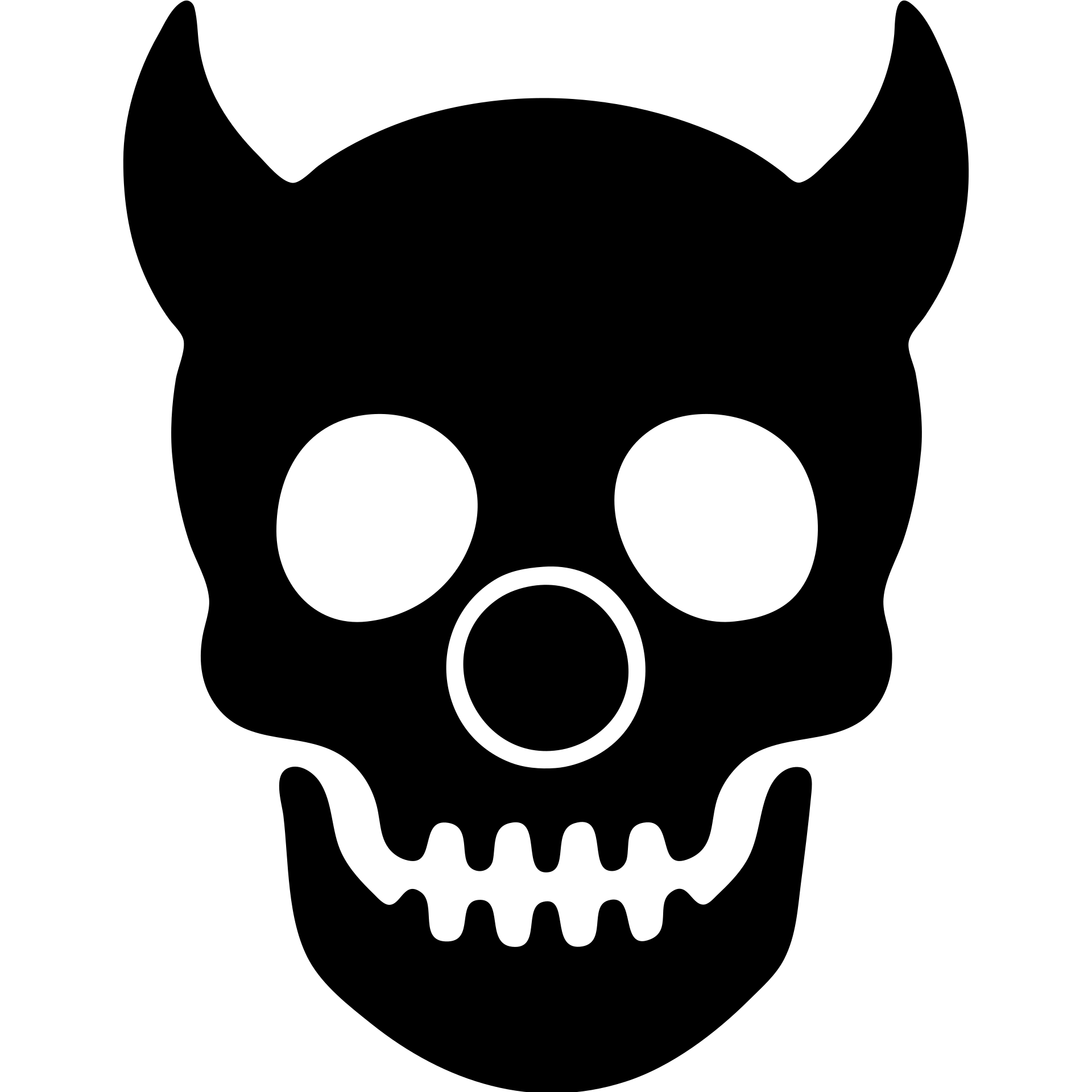 solid black icon of a skull with devil horns and a clown nose, simple and bold emoji