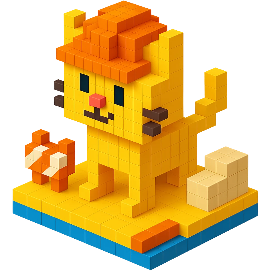 cat in orange safety helmet standing on a construction site in voxel style emoji