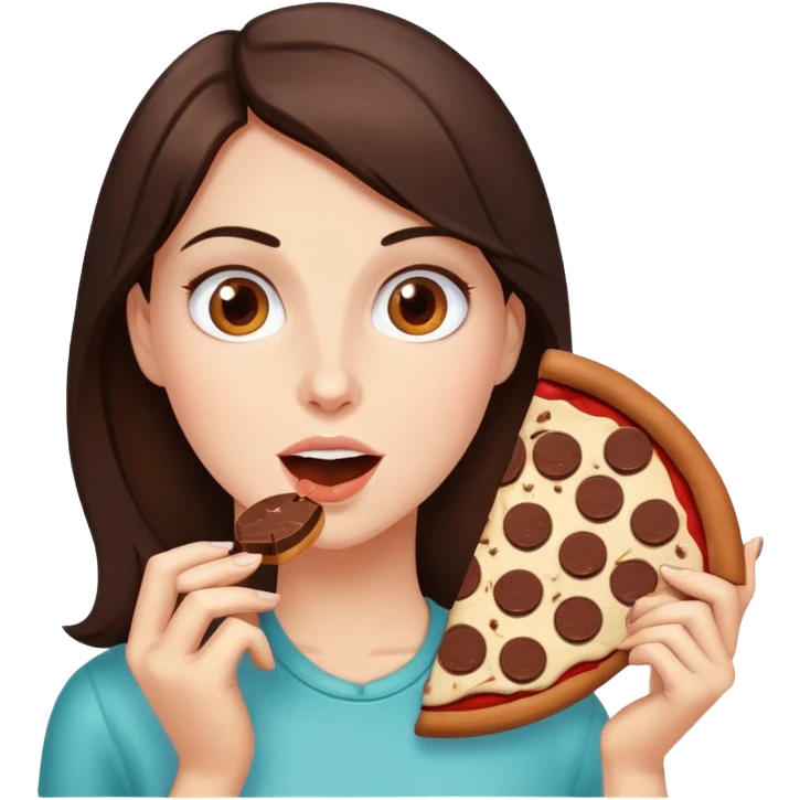 A brunette adult eating chocolate pizza emoji