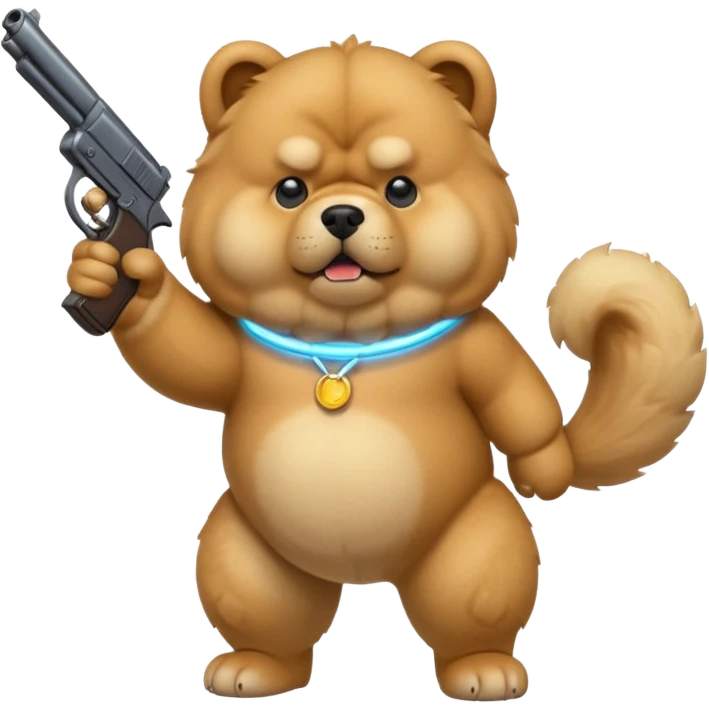 Funny cartoon-style chow chow dog with light fur standing on its hind legs and holding a gun menacingly emoji