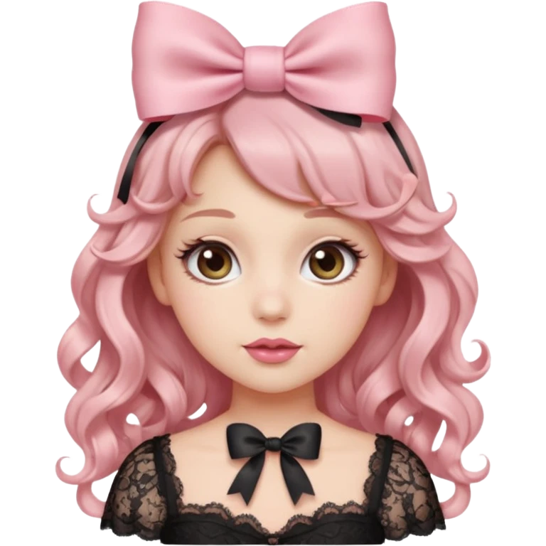 “Emoji girl, doe eyes, long fluttery lashes, soft pink blush, glossy rose lips, ribbon hair bow, romantic curls, wearing lace top.” emoji