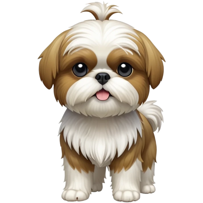cinematic-[Shish tzu]-realistic-full-body-standing-emoji,-tail-resting-loosely-beside-its-paws,-head-tilted-dramatically, -scruffy-[white]-fur,-simplified-yet-realistic-focused-features,-highly-detailed,-glowing-with-an-almost-sarcastic-glow emoji