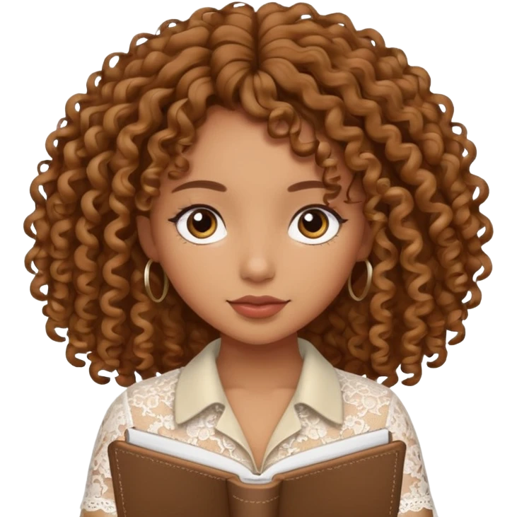 Brown girl with curly hair writing in girly lace notebook emoji