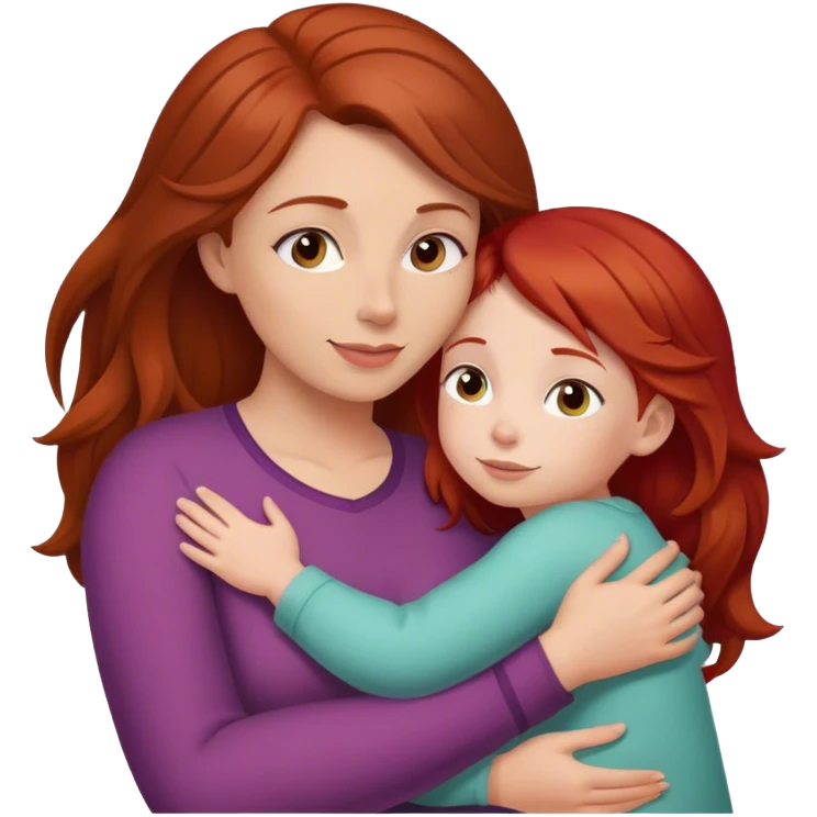Brown haired mom with red head 3 year old daughter hugging emoji