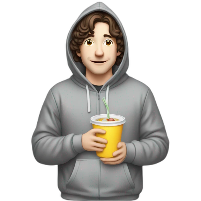 Bighead josh brener from silicon valley in hoodie sittin holding a big gulp emoji