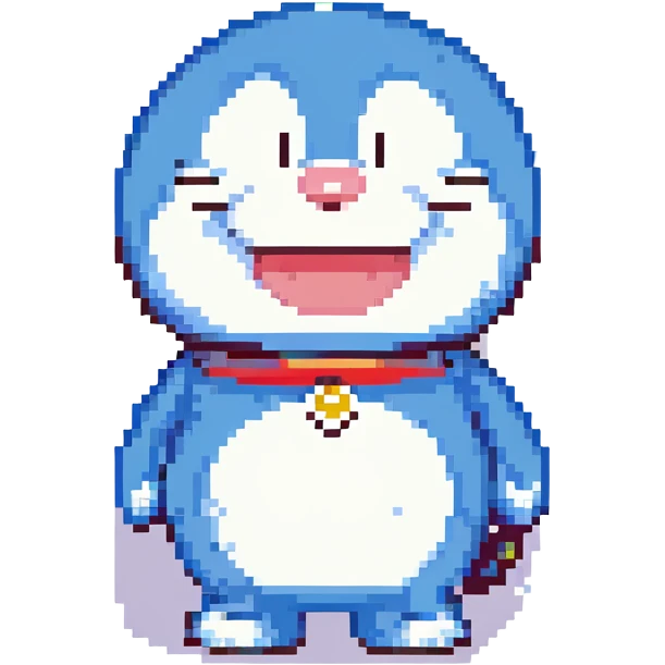 Doraemon and Shinchan together, pixel art style, cheerful expression emoji