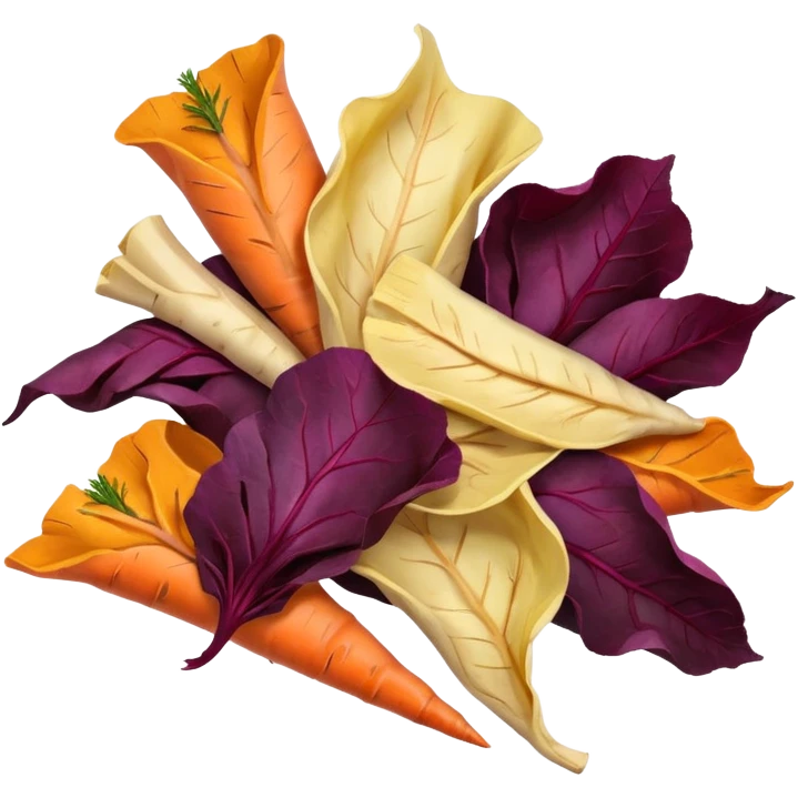 small handful of assorted vegetable chips in rich earthy tones, deep purple beetroot, orange carrot, pale yellow parsnip, thin curled slices, slightly blistered crisp textures, natural irregular shapes, lightly scattered, no bowl or extras, soft lighting, subtle shadows, emoji scale emoji