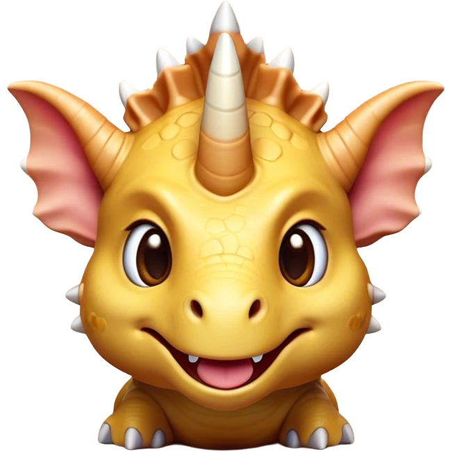 Cinematic Cute Triceratops Portrait Emoji, Head tilted playfully with a gentle smile, featuring a compact, sturdy body with three adorably prominent horns and a charmingly frilled head, Simplified yet irresistibly adorable features, highly detailed, glowing with a warm, inviting earthy glow, high shine, affectionate and lively, stylized with a touch of whimsical dinosaur charm, soft glowing outline, capturing the essence of a mischievous yet endearing Triceratops that seems as if it could trot out of the screen into your arms! emoji