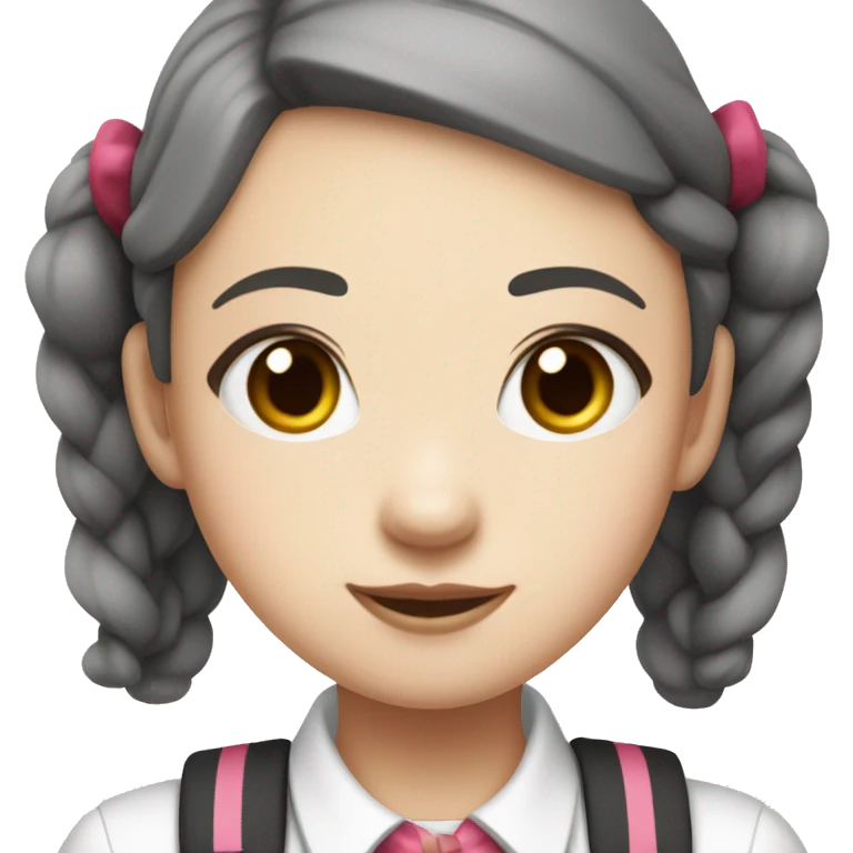 Pale Korean girl with dark red pigtails and bands smiling with pink lips and white collared short sleeve short u emoji