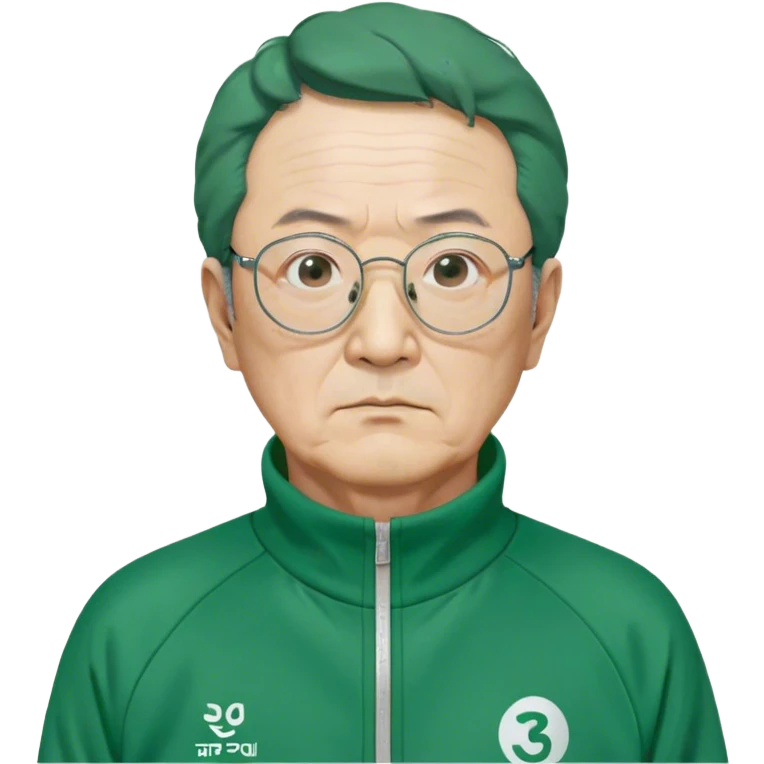 Park Ju-un is a middle-aged man, around 45 years old, green tracksuit, with tired eyes that carry the weight of a lifetime of struggles. His thin-framed glasses sit slightly crooked on his nose, one lens showing a faint crack from an earlier scuffle. His black hair, streaked with strands of gray, is unkempt and damp with sweat.

His face is gaunt, with deep wrinkles lining his forehead and around his mouth, evidence of years of stress and hardship. He wears the standard green Squid Game tracksuit (#369), but his jacket is slightly loose on his thin frame, and the collar is stained with sweat. His hands, slightly calloused from years of office work, tremble as he grips the small needle. emoji