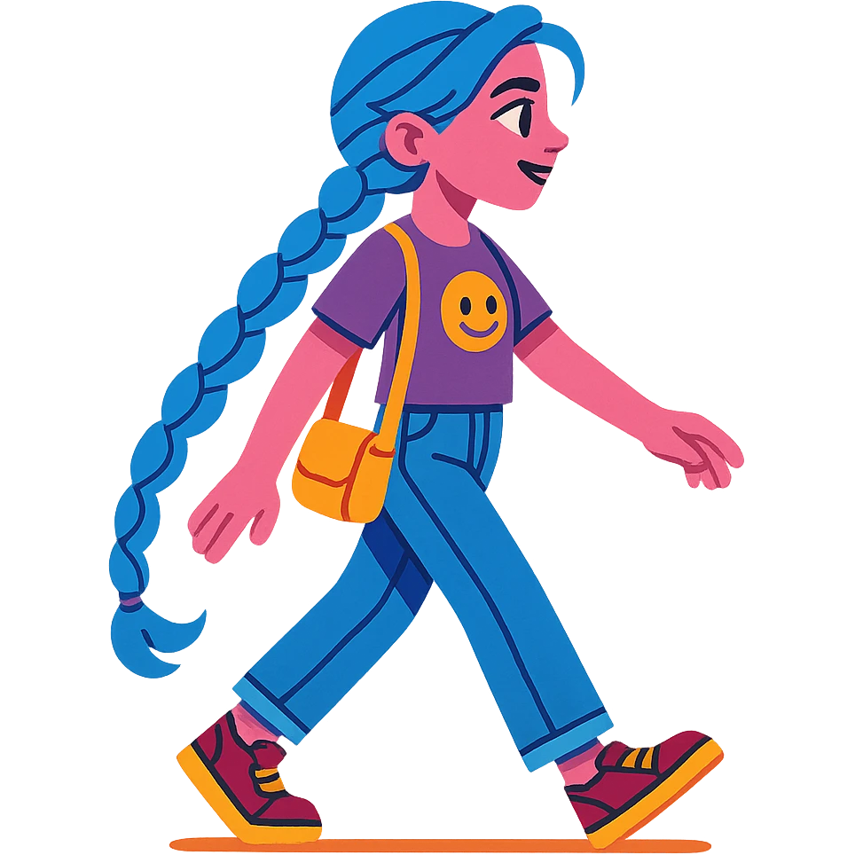 Jinx from Arcane in everyday life, jeans and t-shirt, walking on the street, vibrant toon style emoji