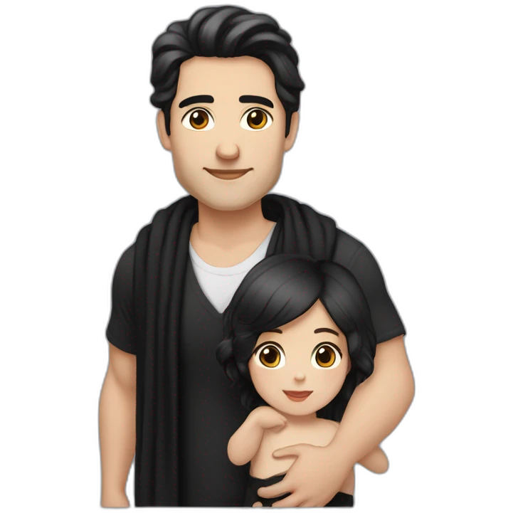Daddy with black hair, white skin tone wear black shirt. His wife has white skin wear black long blaus, black shawl. The baby wear black tshirt emoji