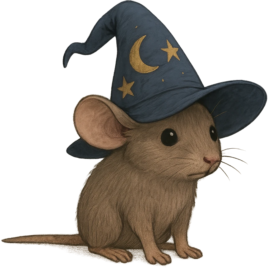 slightly awkward house mouse with muted brown fur, large outward tilted ears, small dark beady eyes looking uncertain, wearing oversized deep blue wizard hat with stitched stars and crescent moon, wide floppy uneven brim drooping at top, front paws flat, tail straight out behind emphasizing smallness and awkwardness emoji