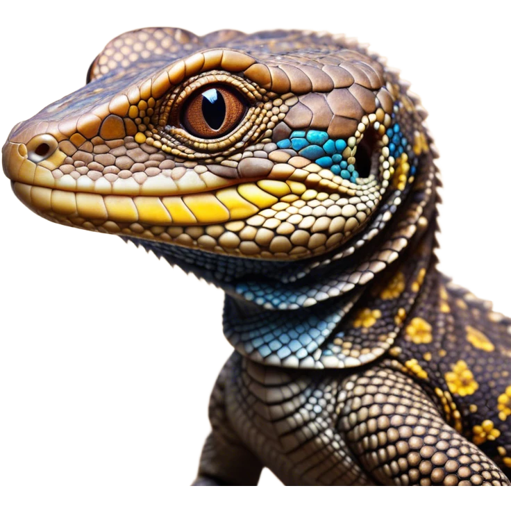 Cinematic Cute brown camo spotted monitor Lizard Portrait Emoji, Head tilted playfully and inquisitively, with a sleek, patterned body accented by vibrant hues and round, sparkling eyes full of wonder, Simplified yet irresistibly adorable features, highly detailed, glowing with a warm, friendly glow, high shine, affectionate and lively, stylized with a touch of exotic charm, bright and endearing, soft glowing outline, capturing the essence of a mischievous yet captivating lizard that seems as if it could scuttle out of the screen into your arms! emoji