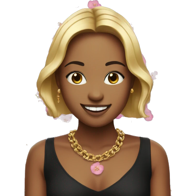 smiling with teeth, wearing a black blouse with a pattern of small pink flowers, a gold chain with a round pendant around her neck. emoji