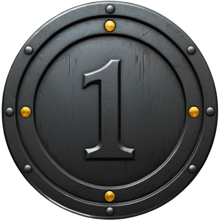 Minimal emoji, gothic metal coin made of black steel, engraved number 1 at the center, ancient industrial aesthetic, worn metal texture, no glow, no neon, flat emoji design, centered, transparent background emoji