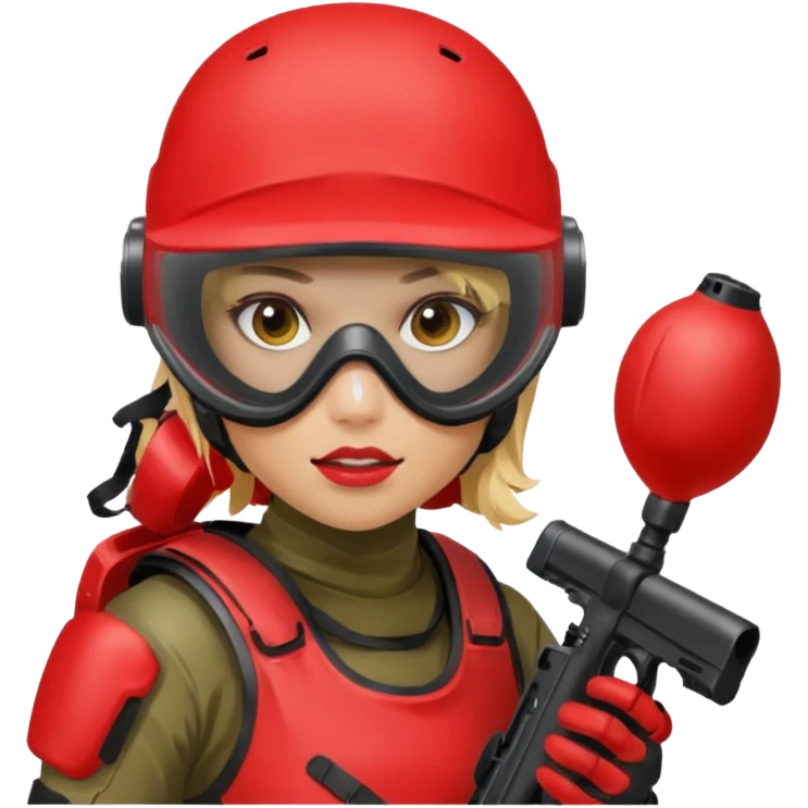 blond girl playing paintball with red paintball face gear emoji