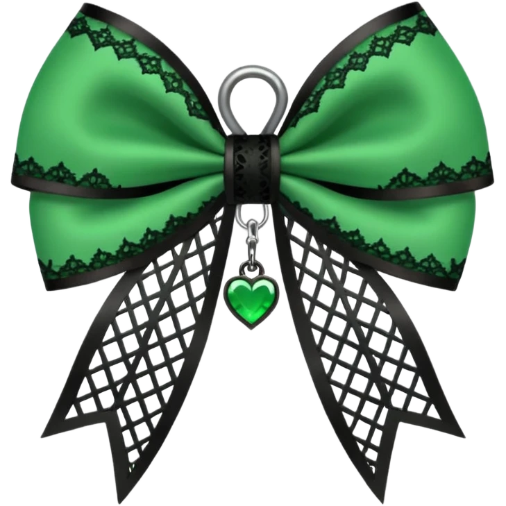 green gothic bow with black lace trim and heart charm, remove background emoji