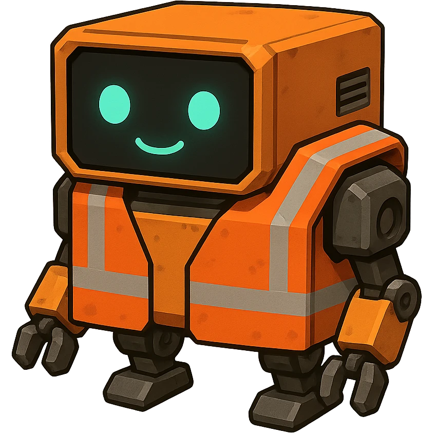 worker drone, compact, boxy shape, orange safety vest, simple face display emoji