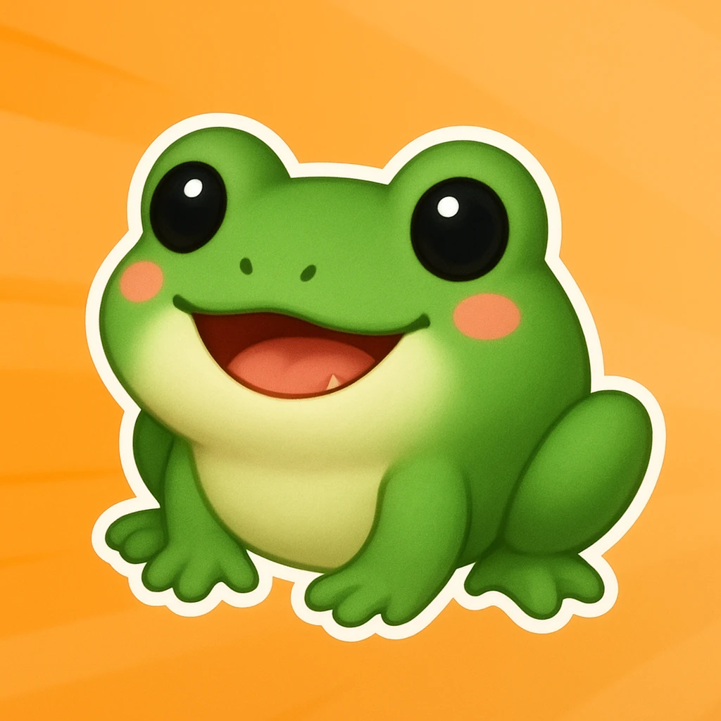 Turn this character into a cute frog while keeping the same pose and cuteness. Maintain the style of the original image as closely as possible. emoji