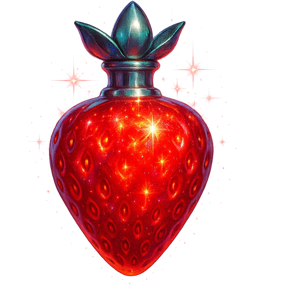 strawberry-shaped luxurious elixir bottle, vibrant red color, iridescent and silver details, intense magical glowing and sparkling effects, very small neck, seamless bottom, transparent background, floating, no base or shadow, modern, matching a collection emoji